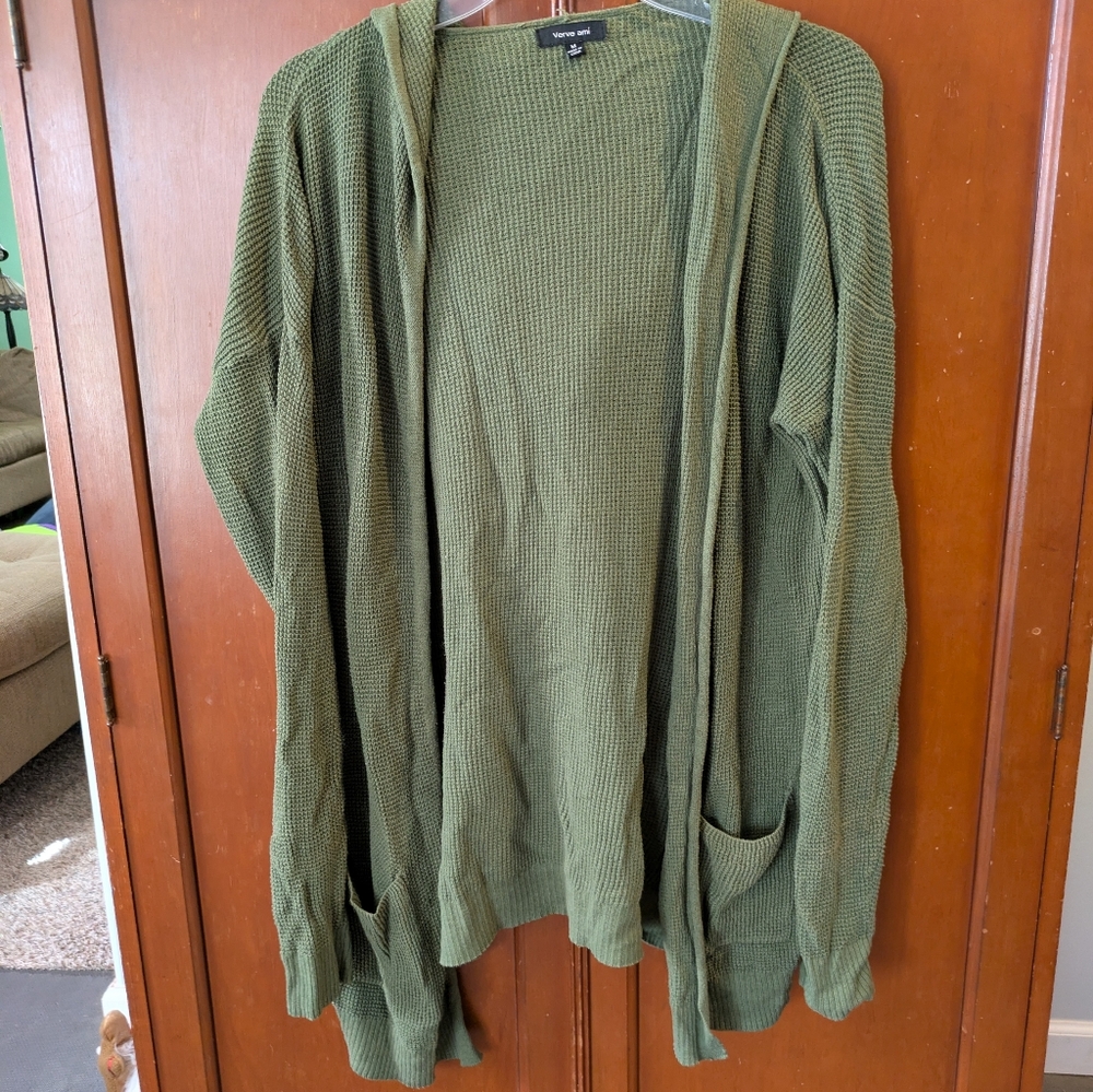 Verve Ami Olive Green Women's Waffle Knit Sweater Cardigan